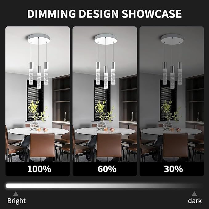 OKELI Dimmable LED 3-Light Pendant Light for Kitchen Island, 18W 1350LM Modern Bubble Crystal Island Light Fixture,6000K, Electro-Chrome, Easy Installation, Round-Ruum Studio Home