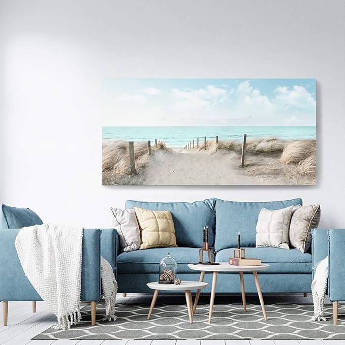 Large Canvas Wall Art Sky Beach Painting Picture Print on Canvas Framed Wall Art for Living Room Wall Decor for Bedroom Modern Coastal Landscape Room Decorations Artwork Size 60x30 Ready to Hang-Ruum Studio Home