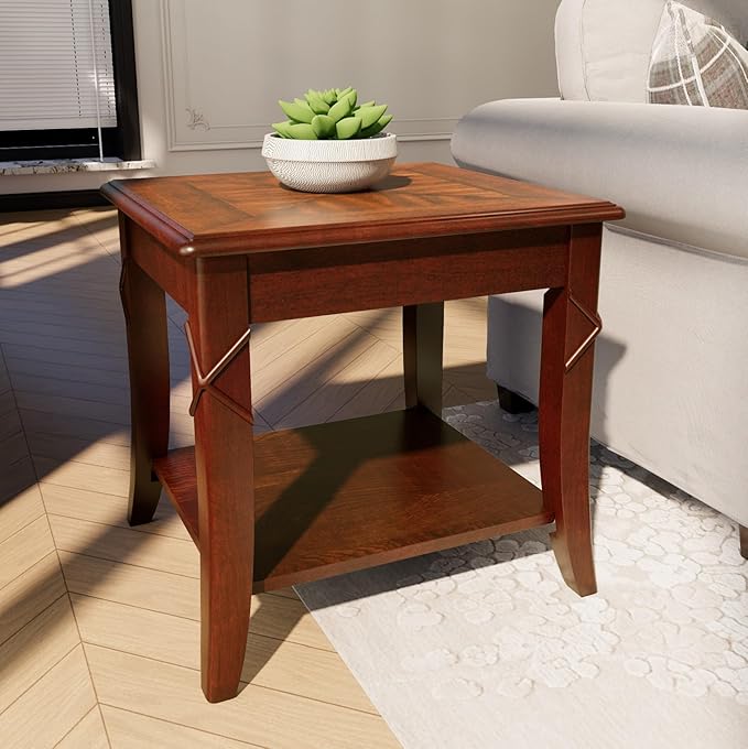 Solid Wood End Table with Storage Shelf, Vintage Rectangle Sofa Side Table with Splicing Tabletop and Carved Leg, BesideTelephone Table Cherry Brown,19.7 * 17.7 * 19.7in CJZ-DR200-Ruum Studio Home