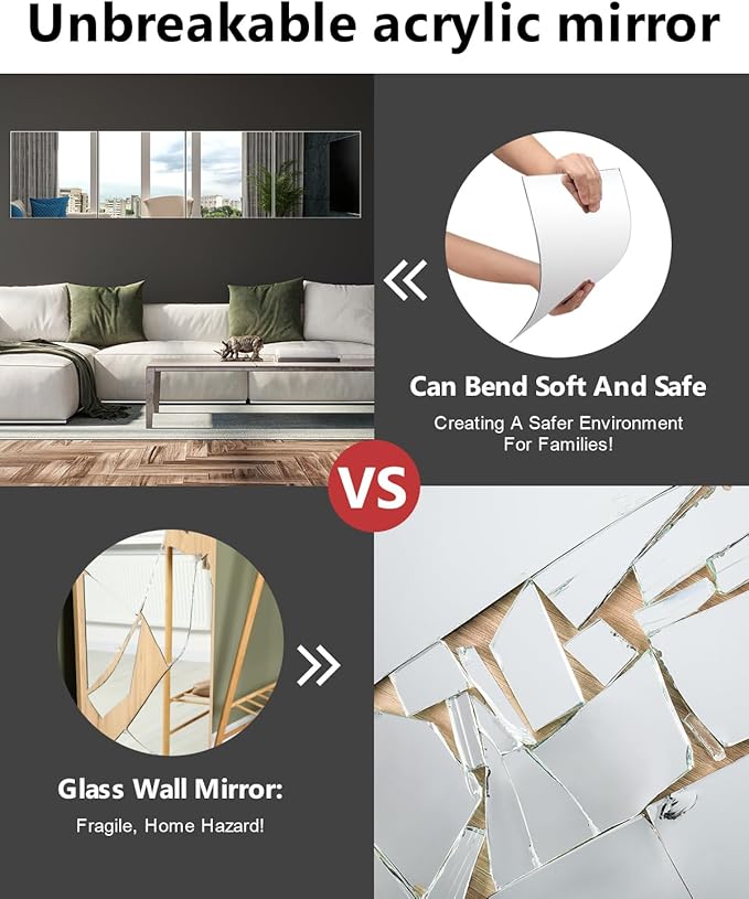Full Length Wall Mirror Tiles, 12'' x 12'' x 4PCS, Acrylic Unbreakable Full Body Mirror for Bedroom Squares Shatterproof Mirror Sheets Wall Mounted for Home Gym Door Plexiglass Mirrors Safe for Kids-Ruum Studio Home