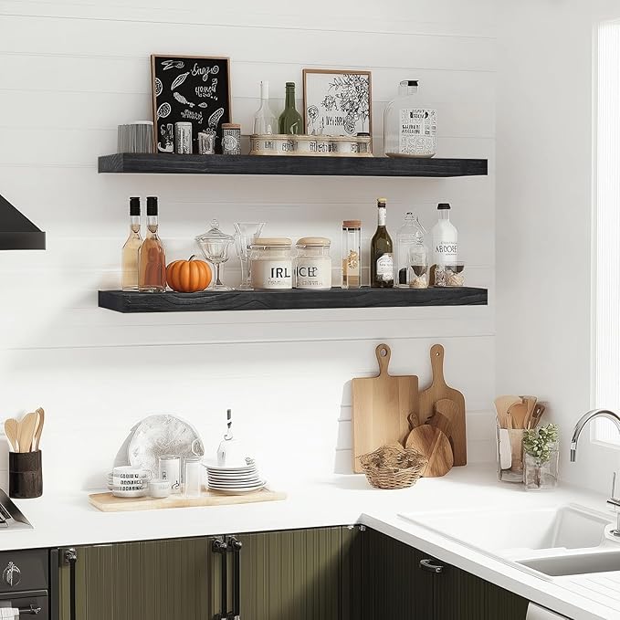 Floating Wall Shelves 2-Pack - 36-Inch Rustic Black Wooden Shelves for Storage and Décor, Easy Installation for Living Room, Bedroom, and Kitchen-Ruum Studio Home