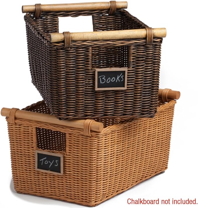 The Basket Lady Pole Handle Wicker Storage Basket, Large, 18 in L x 14.5 in W x 9 in H, Antique Walnut Brown-Ruum Studio Home