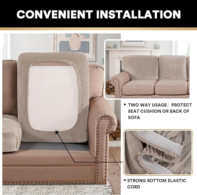 PrinceDeco Stretch Velvet Couch Cushion Cover,Soft Fitted Cushion Slipcover for Arm Chair Sofa Cushion Furniture Protector Seat Cushion Sofa Cover Width Up to 29.5", Oatmeal-Ruum Studio Home
