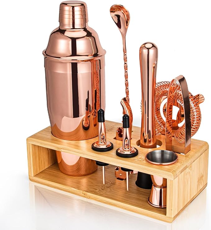 Cocktail Shaker Set, Mixology Bartender Kit 10-Piece Bar Tool Set with Stylish Bamboo Stand, Bar kit: Matini Shaker Mixing Spoon Muddler Jigger Cocksrew for Barware Set | Rose-Ruum Studio Home