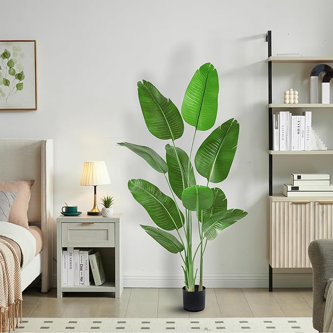 Fake Bird of Paradise Silk Artificial Plant Faux Banana Leaf Tree for Home Decor Indoor Floor Plant with 10 Trunks (1, Black Planter, 6 FT)-Ruum Studio Home
