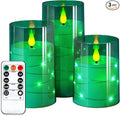 NURADA Flickering Flameless Candles: Built-in Star String Acrylic Battery Operated LED Pillar Candles with Remote and Timer for Home Party Weddings Christmas Halloween Decor -Green 3 Pack-Ruum Studio Home