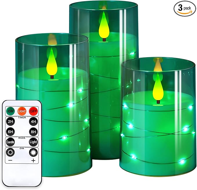 NURADA Flickering Flameless Candles: Built-in Star String Acrylic Battery Operated LED Pillar Candles with Remote and Timer for Home Party Weddings Christmas Halloween Decor -Green 3 Pack-Ruum Studio Home
