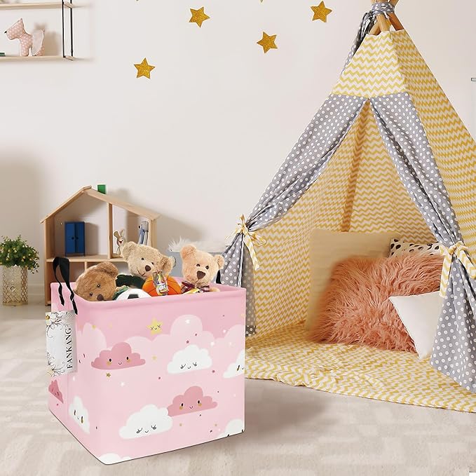 FANKANG Square Nursery Hamper Storage Bins Canvas Laundry Basket Foldable with Waterproof PE Coating Storage Baskets Gift Baskets for Children, Office, Bedroom, Clothes（Square-pink cloud ）-Ruum Studio Home