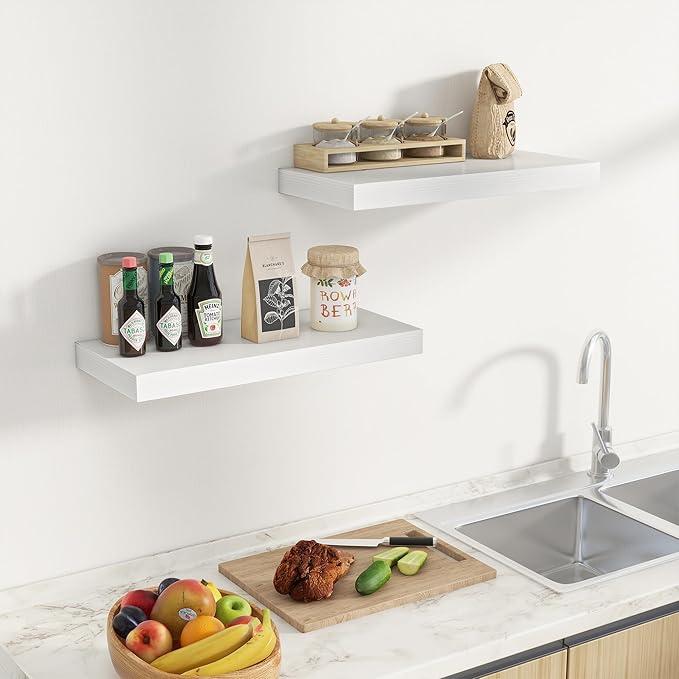 Fun Memories 24 Inch Floating Shelves Wall Mounted, 10 Inch Deep Wall Shelves, 24 x 10 Floating Shelf for Living Room Bathroom Bedroom, White, Set of 2-Ruum Studio Home