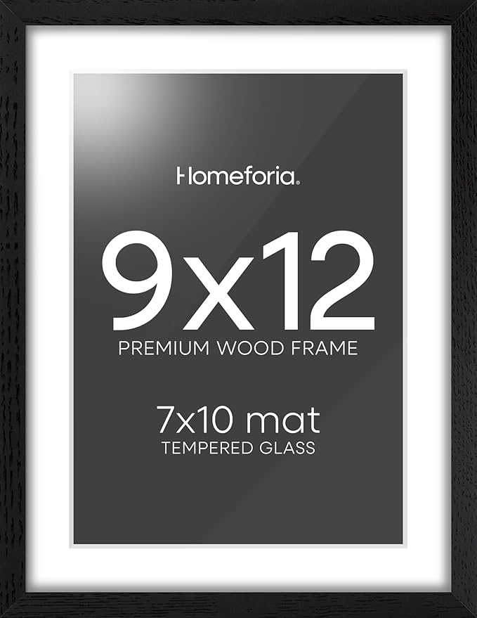 Homeforia 9x12 Black Wood Picture Frame, High End Oak 9 x 12 Frames with Mat 7 by 10 Art, 9by12 Black Wooden Frame Matted to 7x10 inch Photo, Wall or Tabletop Frame, Tempered Glass, Wall Kit, Set of 1-Ruum Studio Home