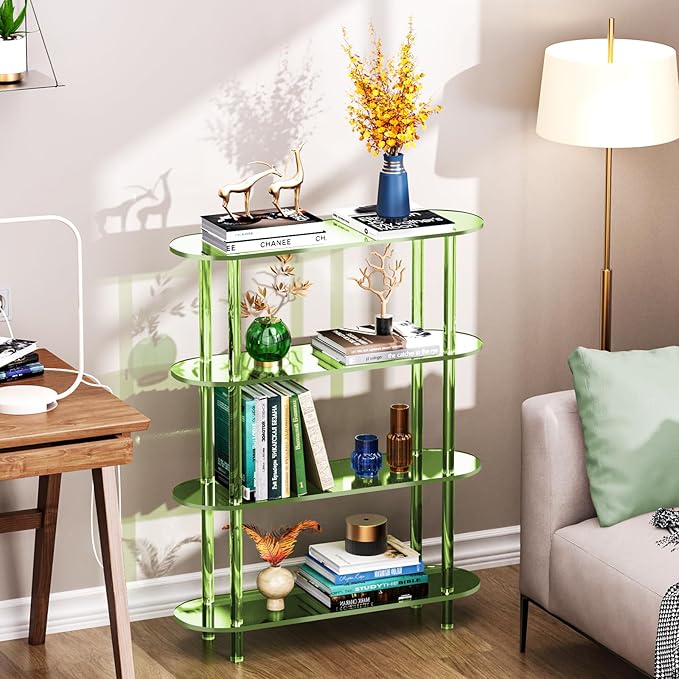 Clear Bookshelf, Acrylic Bookcase with Open Book Shelf Console Table for Entryway Office (4 Tier Green)-Ruum Studio Home