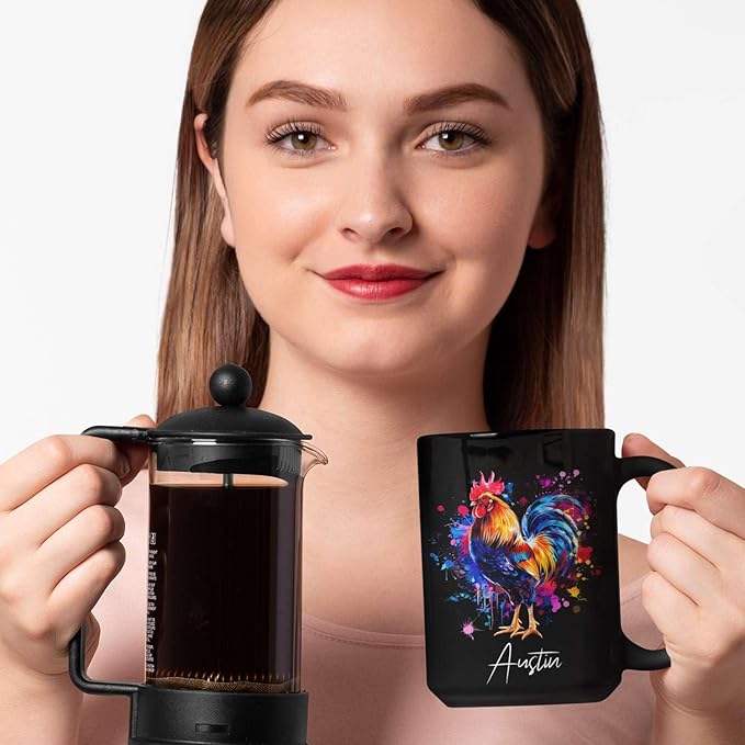 Customized Name Rooster Coffee Mug - Gift for Men Women, Personalized Black Cup, Unique Chicken Ceramic 11oz 15oz, Funny Colorful Themed-Ruum Studio Home