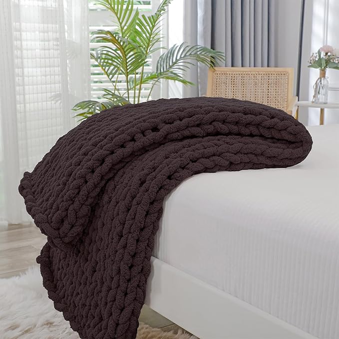 Bigacogo Chunky Knit Throw Blanket for Couch, 40x80 inches, 100% Hand Knitted with Thick Jumbo Chenille Yarn, Cozy Soft Large Rope Knot Cable Crochet Blankets for Sofa Bed Living Room, Chocolate-Ruum Studio Home