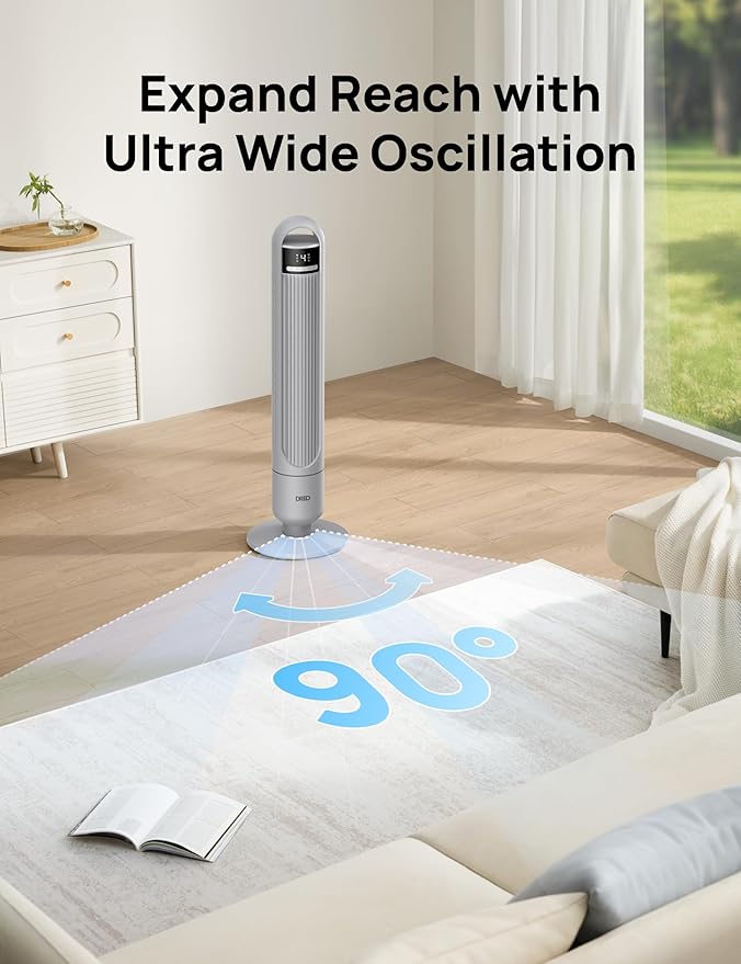 Dreo Tower Fan for Bedroom, 90° Oscillating Fan, Standing Fan with 3 Modes, 4 Speeds, 8H Timer Cooling Fans for Home, Living Room, Office, Grey, TF117-Ruum Studio Home