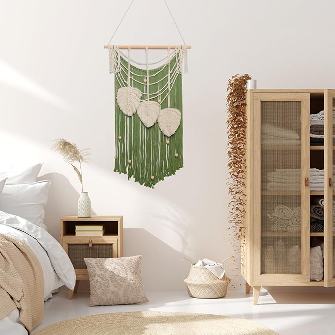 JONKASIPA Macrame Wall Hanging Bohemian Handmade Leaf Feather Wall Art Decorations, Green fringe Chic Home Decor for Apartment Dorm Living Room Bedroom-Ruum Studio Home