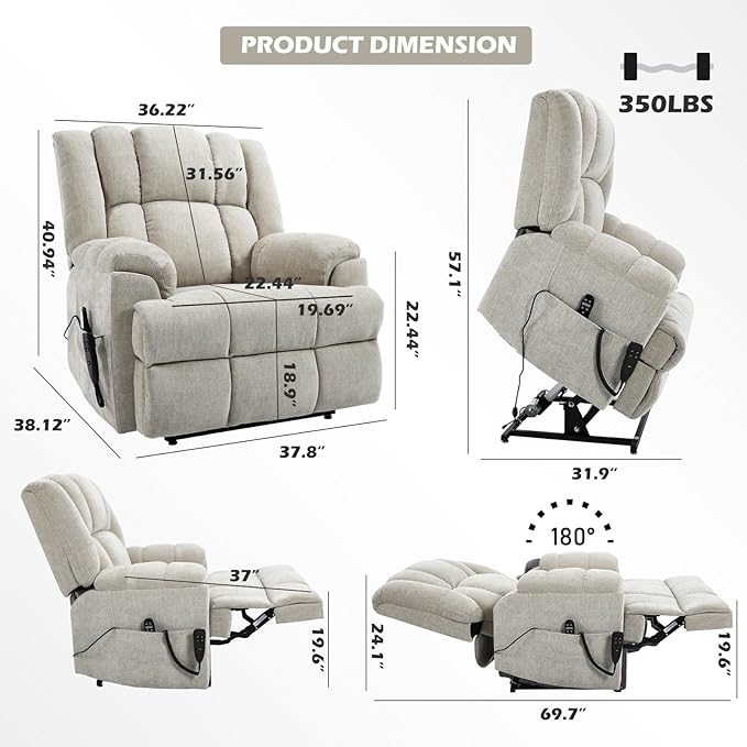 Power Lift Recliner Chair with Massage and Heat for Elderly People, Dual Motor Electric Lift Chair with Power-Remote, Medium-Firm and Heavy Duty, Chenille Fabric - Beige-Ruum Studio Home