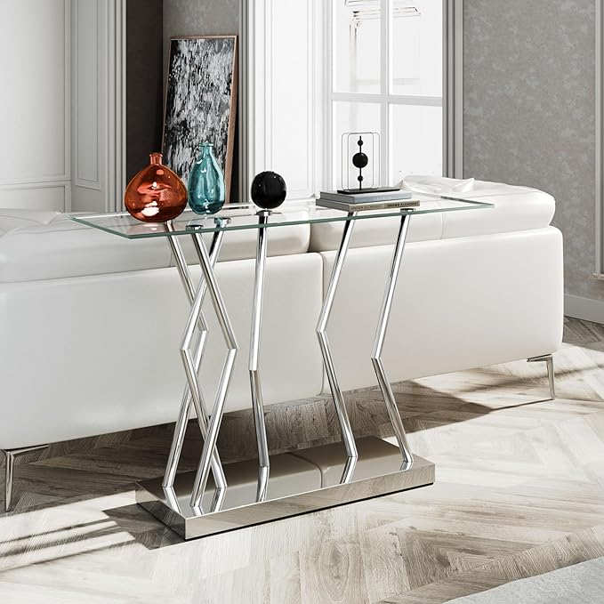 43.3" Glass Modern Console Table, Sturdy Silver Entryway Table with Stainless Steel Base, Rustic Entrance Table, Minimalist Narrow Tables for Living Room & Office-Ruum Studio Home