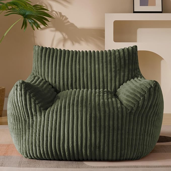 Giant Plush Bean Bag Chair for Adults with Armrests - Oversized Comfy Green Beanbag Lounge Lazy Floor Sofa Accent Chair for Living Room, Bedroom & Dorm, Cozy Fluffy Single Cloud Mini Couch-Ruum Studio Home