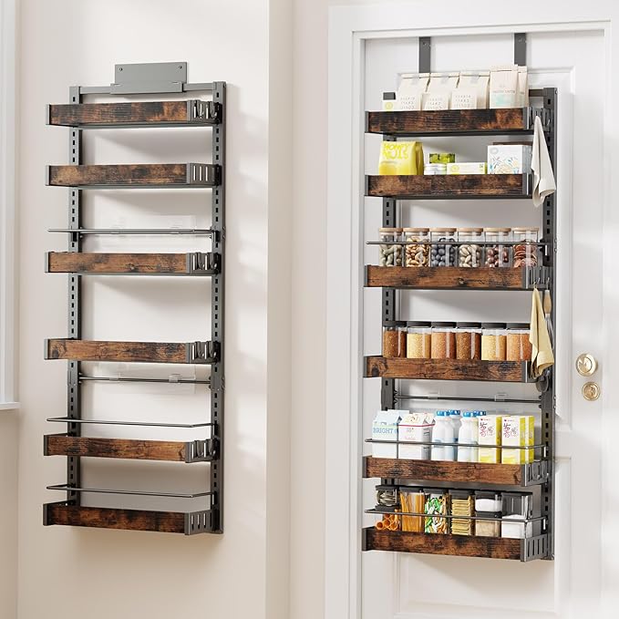 6 Tier Over The Door Pantry Organizer, 2 IN 1 Wall Mount or Metal Hanging Spice Rack for Pantry Organizers and Storage, Seasoning Shelves，Adjustable Basket with Hooks for Kitchen, Bathroom,Laundry-Ruum Studio Home