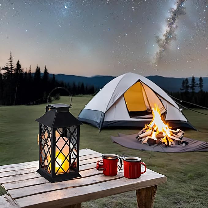 Simplelight 11 Inch Decorative Lanterns-IP44 Waterproof Outdoor Hanging Lantern, Battery Operated Decorative Lantern for Patio, Table, Fireplace with Timer, Black Color (1)-Ruum Studio Home
