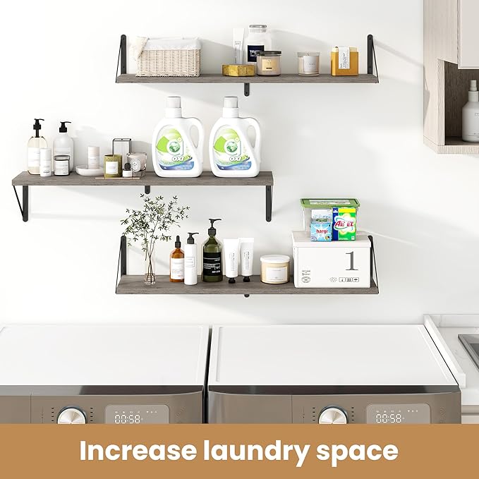 Heimlove 36 Inch Floating Bookshelves Set of 3,Wall Bookshelf Heavy Duty Wall Mounted Bookshelves for Living Room,Bedroom,Kitchen,Laundry Room Storage & Decor,Silver Grey-Ruum Studio Home