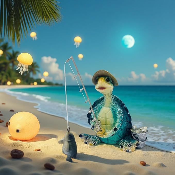 Turtle Fishing Decor, Summer Garden Statues, Nautical Coastal Beach Decorations, Home Office Decor Gifts, Bookshelf Desk Bathroom Tabletop Statue Ornament (Turtle Fishing)-Ruum Studio Home