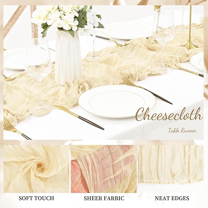 10FT 20 Pack Beige Cheesecloth Table Runner 20 x 120 Inch Long Rustic Gauze Fabric Cheese Cloth Table Runner for Wedding Bridal Baby Shower Table Decorations Boho Sheer Birthday Party Table Decor-Ruum Studio Home