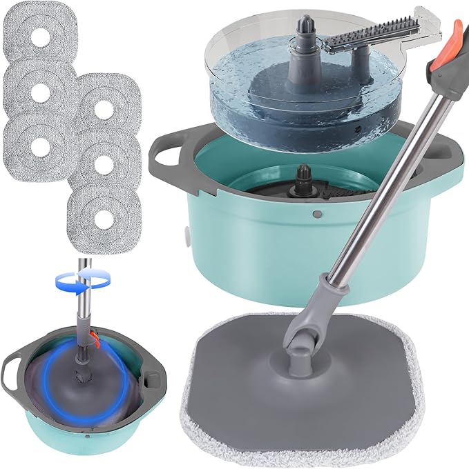 Spin Mop and Bucket Set with Separate Dirty and Clean Water,360° Spin Mop and Bucket System with Widening Foldable Handle,6 Replaceable Mop Pads,Square Mop for Floor Hardwood Tile Wall Cleaning(Blue)-Ruum Studio Home