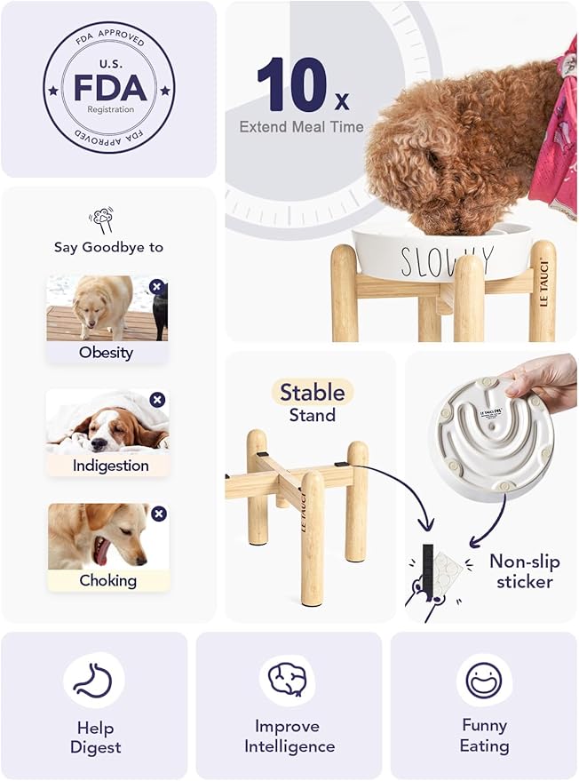 Ceramic Elevated Slow Feeder Dog Bowl - 0.6 Cup Puzzle Feeder with Wooden Stand for Small Breeds, White Pet Dish-Ruum Studio Home
