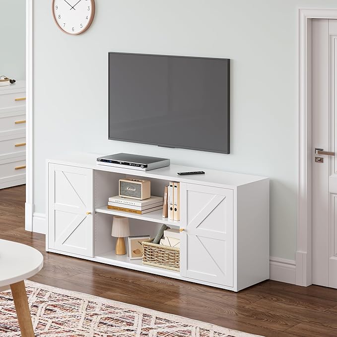 Farmhouse - Style 65 - inch Metal TV Stand: Entertainment Center with Locker, Barn - Style Doors, Adjustable Partition. Medieval Modern Media Console Table for Living Room & Bedroom (White)-Ruum Studio Home