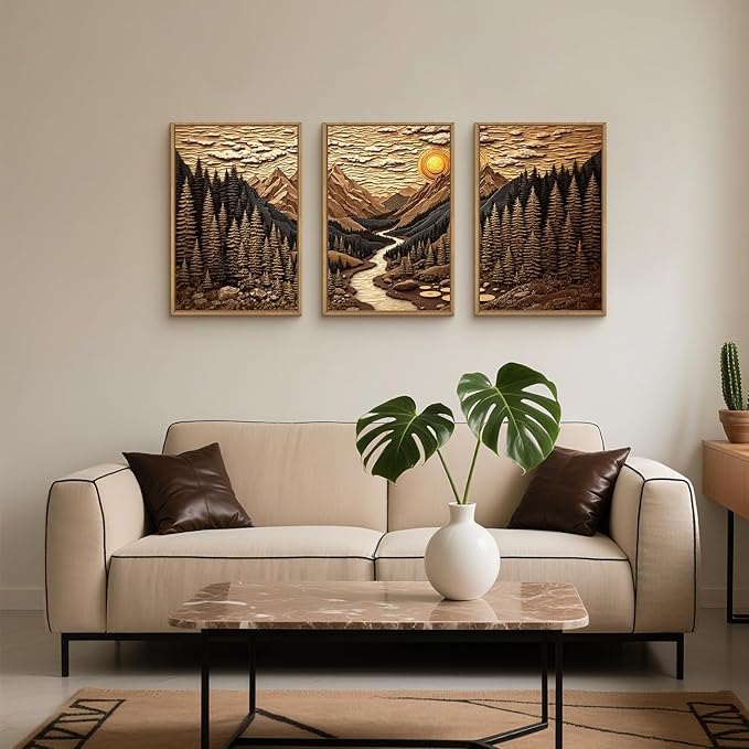 HPINUB Abstract Landscape Mountain Canvas Wall Art Set, Vibrant Sun Forest Pine Tree Wall Decor, Wilderness Nature River Artwork Rustic Scenery Art Print for Living Room,Bedroom,Office-16 x24 x3-Ruum Studio Home