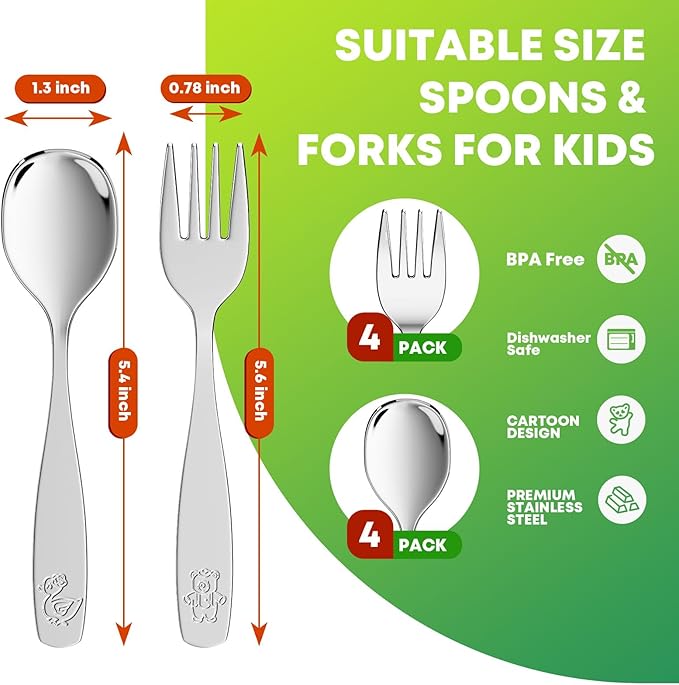 8 Pieces Toddler Utensils, Kids Stainless Steel Silverware Set - 4pcs Forks and 4pcs Spoon, Cute Children Flatware Sets with Mirror Polished, Self Feeding Safe, Dishwasher Safe-Ruum Studio Home