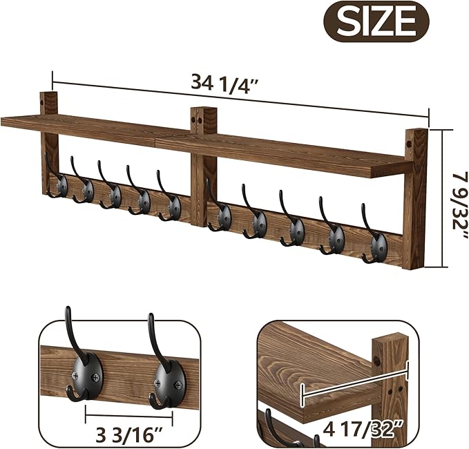 AMBIRD 34.2 inch Wooden Extra-Long Wall Hook Rack with Shelf - Versatile and Decorative Wall-Mounted Storage - 10 Hooks for Hanging Coats, Hats, Scarves - Ideal for Entryways, Bedrooms, Closets-Ruum Studio Home