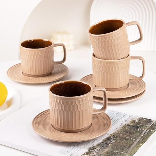 Large Cappuccino Cups with Saucers Set of 4, 8 Ounce Stackable Embossed Ceramic Coffee Mugs for Specialty Coffee Drinks, Latte, Cafe Mocha and Tea, Dishwasher & Microwave Safe (Brown)-Ruum Studio Home