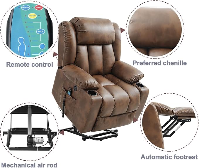 Power Lift Recliner Chair for Elderly Breathable Leather Recliner Chair with Massage and Heat for People Limited Mobility,2 Cup Holders,Electric Stand Assist,USB Ports,Gifts for Family (Ochre)-Ruum Studio Home