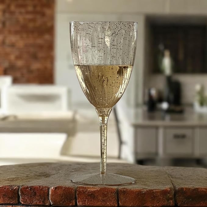 Oojami Elegant Plastic Champagne Flutes - 32 PCS, 7.8oz Disposable & Reusable Wine Glasses - Perfect for Home, Parties, Weddings, Birthdays & Celebrations (32, Gold Glitter)-Ruum Studio Home