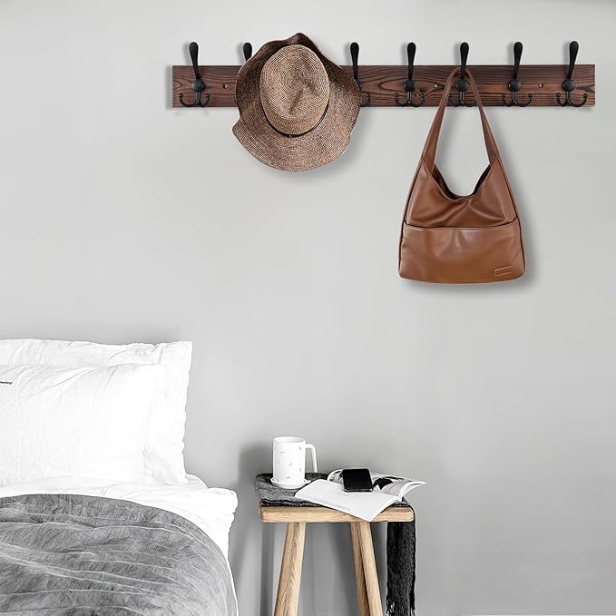 32.2'' Large Coat Rack Wall Mount Coat Hooks Coat Hanger with 8 Metal Black Triple- Hooks Brown Pine Real Wood Plank Hat Rack for Wall Hooks for Hanging Coat Hat Jacket-Ruum Studio Home