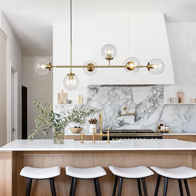 KCO Lighting 6 Light Bubble Chandelier Lighting Clear Glass Globe Chandelier Brass Gold Linear Pendant Light Mid Century Modern Pendant Light for Living Room Kitchen Island Dining Room-Ruum Studio Home