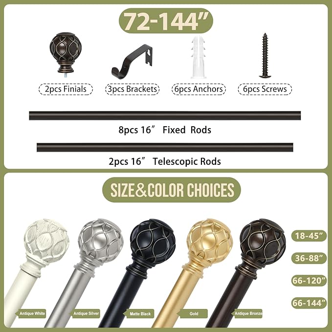 Bronze Farmhouse Curtain Rods for Windows:72-144" Heavy Duty Adjustable Long Curtain Rod for Bedroom Living Room,Boho Decorative Rustic Drapery Rods with Vintage Coastal Finials,Antique Bronze-Ruum Studio Home