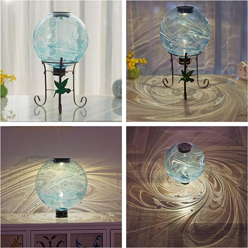 10 Inch Solar Glass Gazing Ball, with 9.4" Tall Metal Gazing Globe Stand, Solar Ball Lights Display Holder Set for Outdoor Garden Lawn Yard Decoration, Blue Water Ripple-Ruum Studio Home