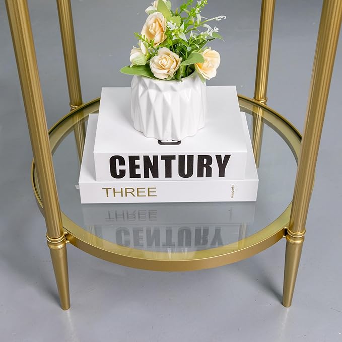 2 Tier Round Side Table, Gold End Table with Glass Top, Modern Metal Clear Coffee Tables, Small Accent Tables for Living Room, Bedroom, 18" x 18"-Ruum Studio Home