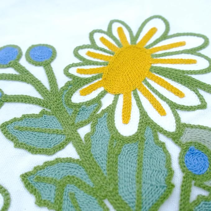 Embroidered Decorative Throw Pillow Cover, 18"x18" Set of 2, Farmhouse Pillowcase Daisy Knit Pattern Cotton Canvas Cushion Case Square Floral Pillow Case for Sofa Couch Bed Living Room…-Ruum Studio Home