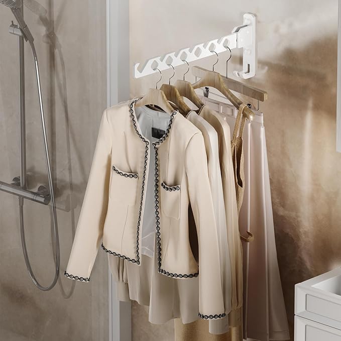 Dr.DJ Wall Mount Coat Hanger Holder White Clothes Drying Organizer Rack Garment Hooks Aluminium Retractable Folding Indoor Wall Mounted Hanger Space Saver for Laundry Room Bedroom White 2Pack-Ruum Studio Home