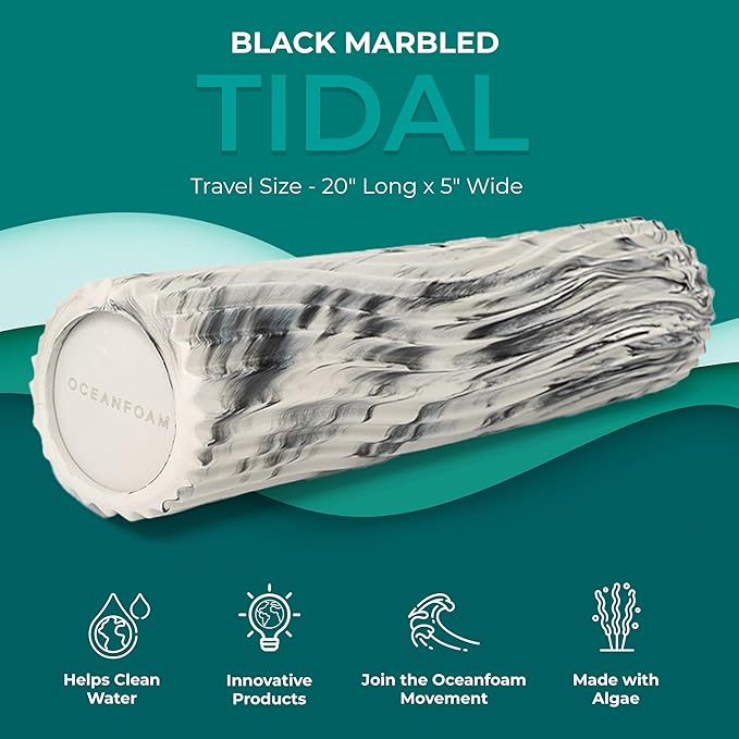 Oceanfoam Tidal Roller - Black Marbled - Muscle Massage Foam Roller for Back Pain & Stretching - Firm and Ergonomic Wide Wave Textured - Yoga, Athletics, & Wellness - Full Size, 20" x 5"-Ruum Studio Home