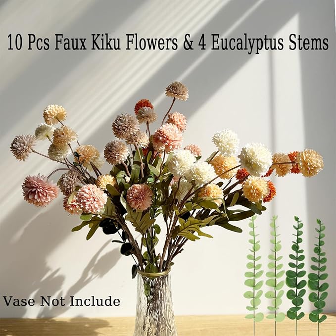 Faux Mixed Color Kiku Flower, 10 Stems with 5 Heads Each & 4 Branches Eucalyptus Stems, Artificial Small Mini Chrysanthemum Flowers for Aesthetic Room Decor, Floral Arrangements Centerpiece-Ruum Studio Home