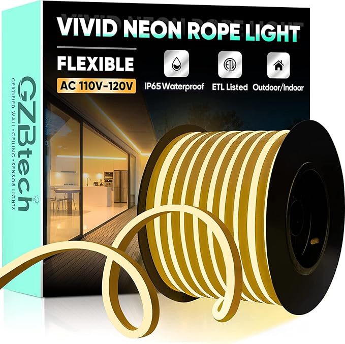 GZBtech Flexible LED Neon Rope Lights 82FT,AC 110-120V Waterproof Strip Light, 120 LEDs/M Cuttable Connectable Neon Lighting for Indoor Outdoor Home Decor/Commercial Building Use-Warm White 25M-Ruum Studio Home