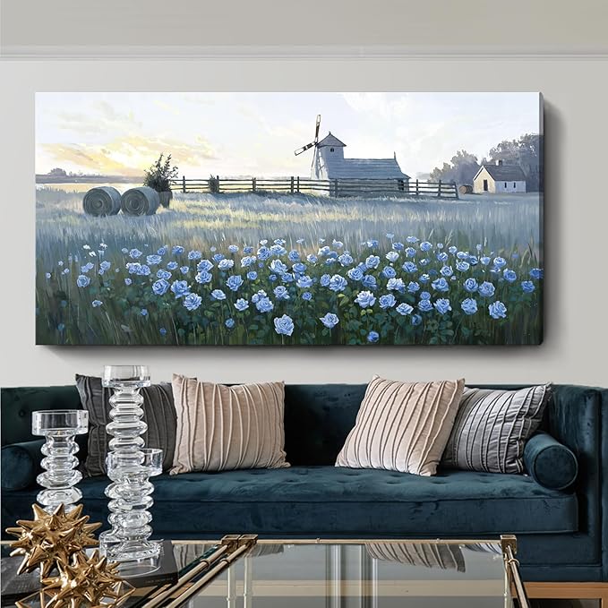 amatop Oversized Farmhouse Wall Art – Botanical Picture Flower Blue Rose & Windmill Countryside Scene Canvas Print, Large Floral Landscape Artwork Decor for Living Room Dining Room Hallway 58x29 Inch-Ruum Studio Home
