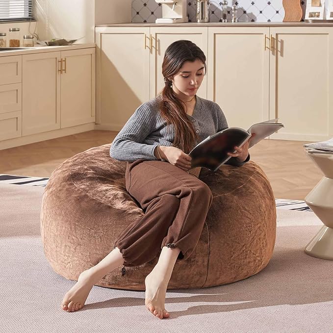 Bean Bag Chair 3Ft, Memory Foam Filled, Large Beanbag Chairs for Adults and Teens, Soft Sofa with Removable Flannel Cover, Round Couch for Living Room Bedroom College Dorm (Coffee, 3FT-36×36"×24")-Ruum Studio Home