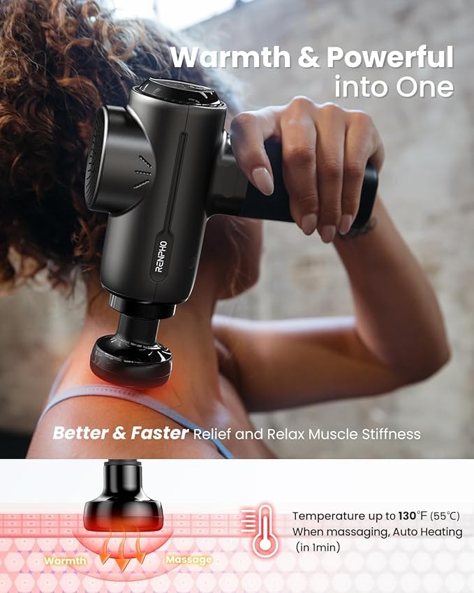 RENPHO Massage Gun with Heat, Portable Percussion Massager with Bluetooth for Back and Neck, Gifts for Men and Women, Carry Case, Active+ Thermal-Ruum Studio Home