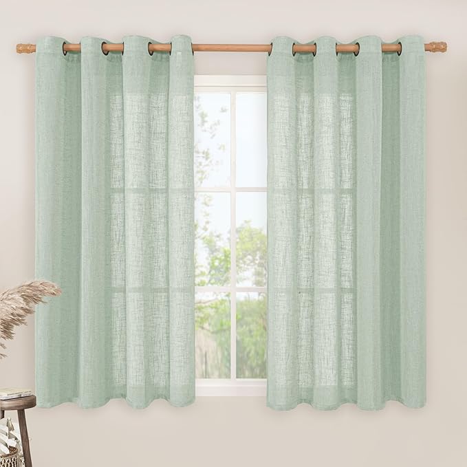 LAMIT Light Sage Linen Curtains 45 Inches Long for Bedroom, Semi Sheer Light Filtering Panels Bronze Grommet Neutral Drapes for Kitchen/Window/Bedroom, 2 Panels Set, 52 x 45 Inch-Ruum Studio Home